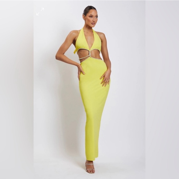 Meshki Dresses & Skirts - Meshki Yellow Nicha Diamante Cut Out Midi Dress